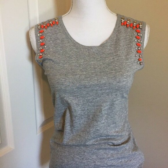 J.Crew Womens Size XXS Gray Bejeweled Orange Silver Tank Top Cotton T-Shirt - Picture 4 of 9